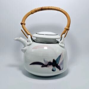 Vintage Deanna Eckels Ceramic Tea Pot 1980's With Lid Bamboo Handle